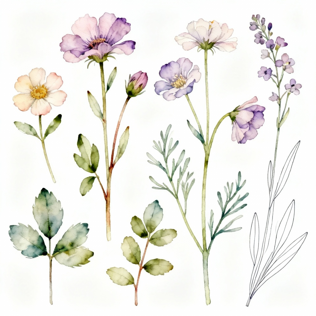 AI-generated pastel watercolor wildflower elements on a white background