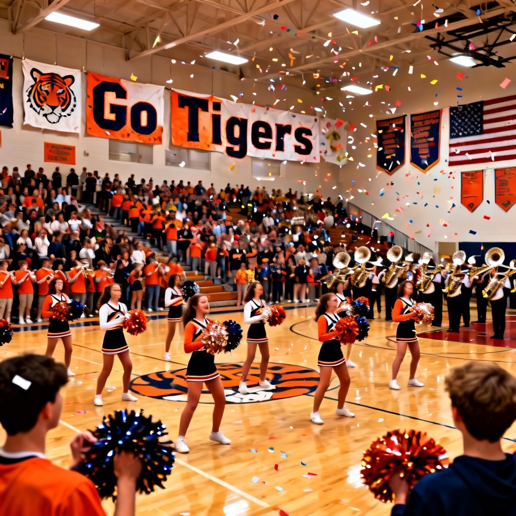AI American high school pep rally in gym