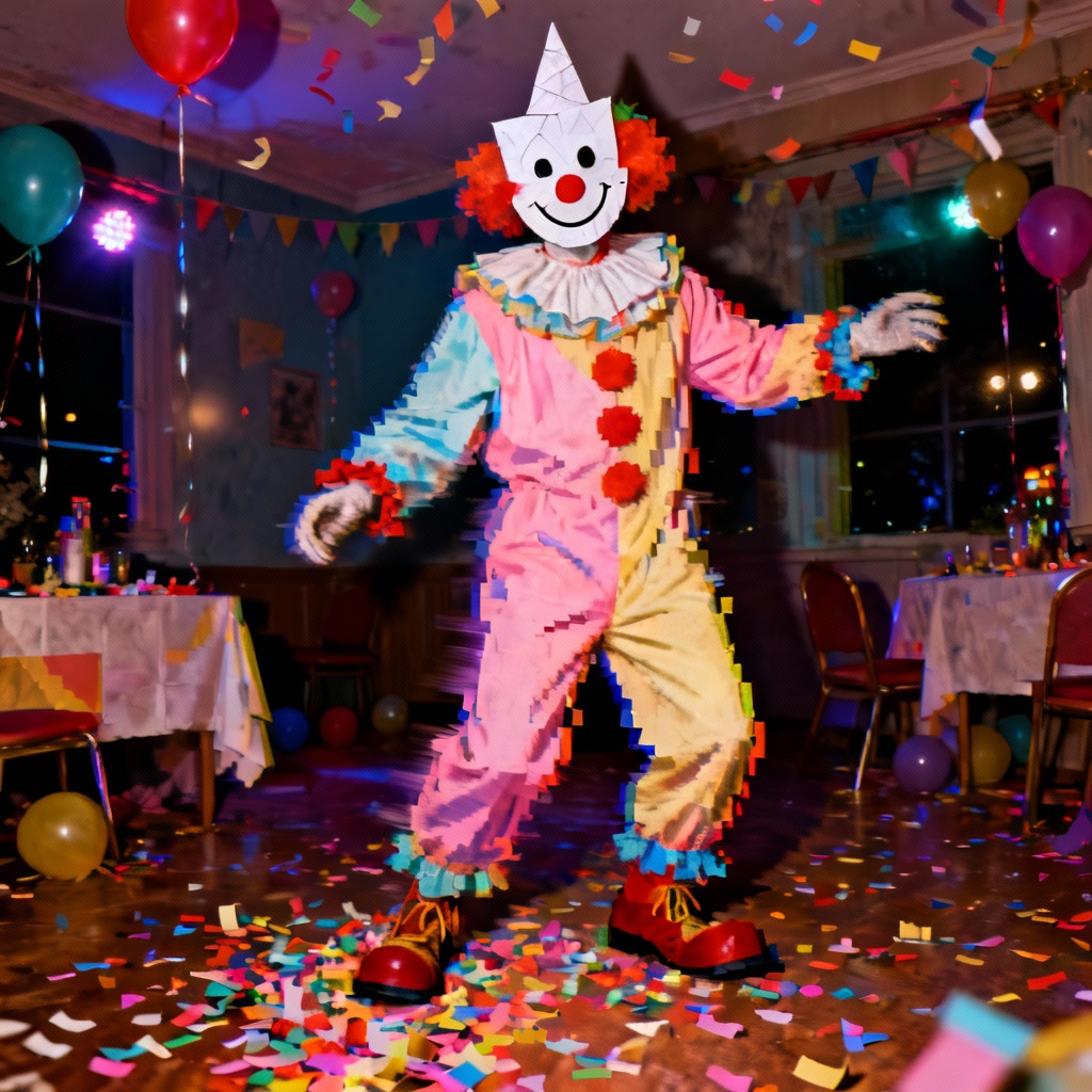 AI cursed clown portrait with glitchcore artifacts