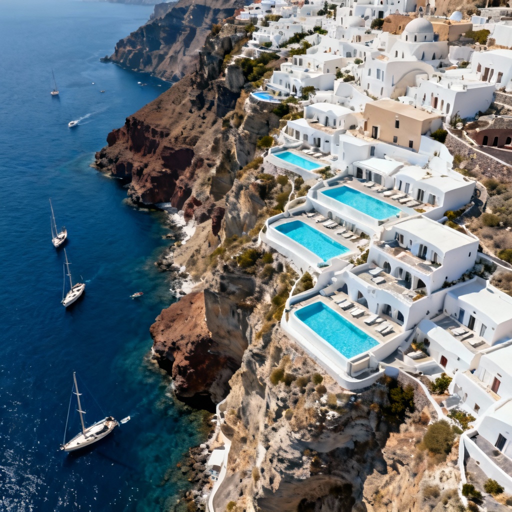 AI aerial image of Fira with caldera cliffs and Aegean Sea
