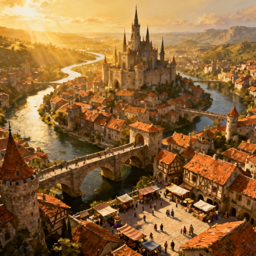 AI medieval fantasy city aerial view