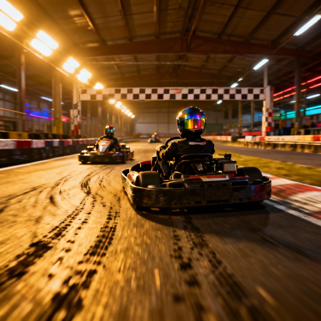 AI indoor kart sprint finish with motion blur