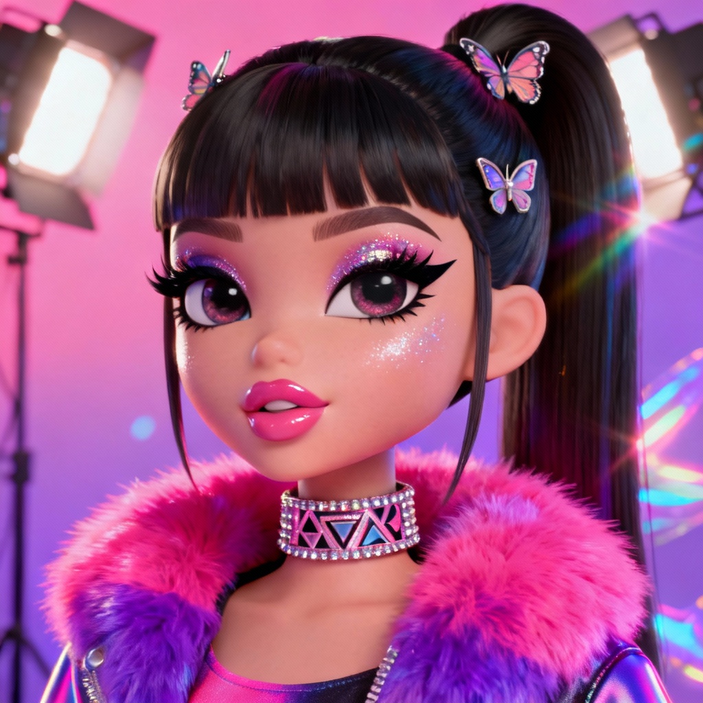 AI Bratz doll portrait with Y2K glam makeup and glossy lips