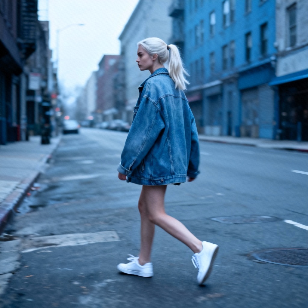 Platinum blonde girl in streetwear walking in the city