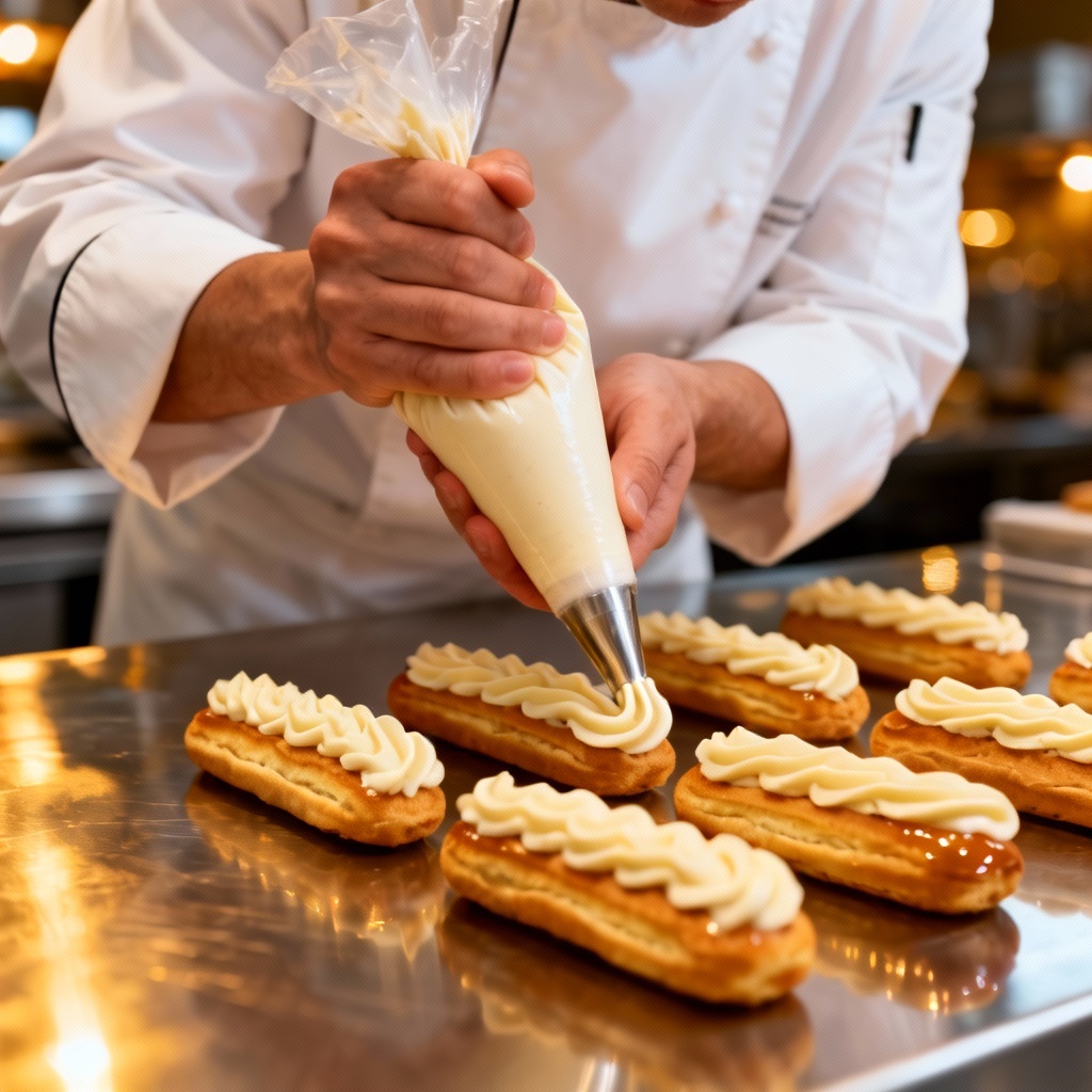 AI pastry chef piping cream into eclairs