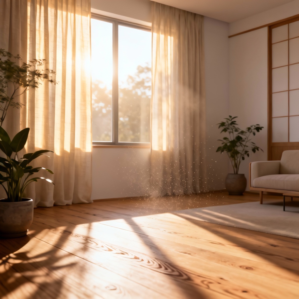 AI sunlit morning living room with soft shadows and warm daylight