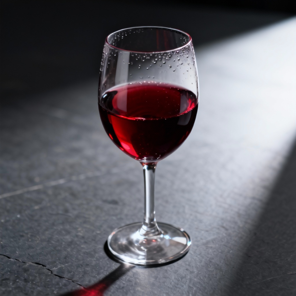 Photorealistic ruby red wine in a crystal glass on a dark slate background