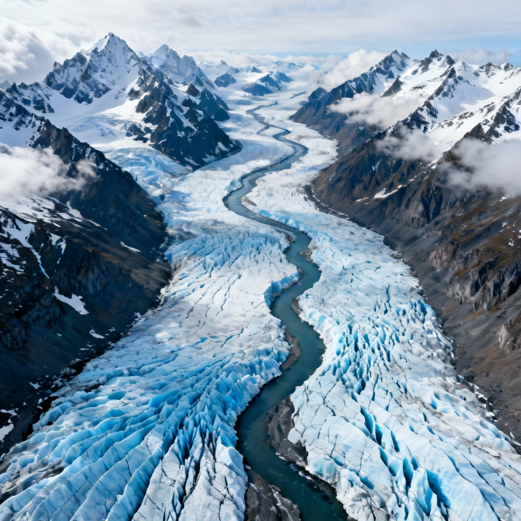 AI aerial snowy mountain glacier valley view