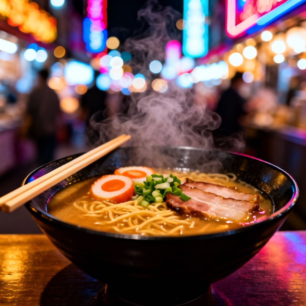 AI ramen bowl at neon night market