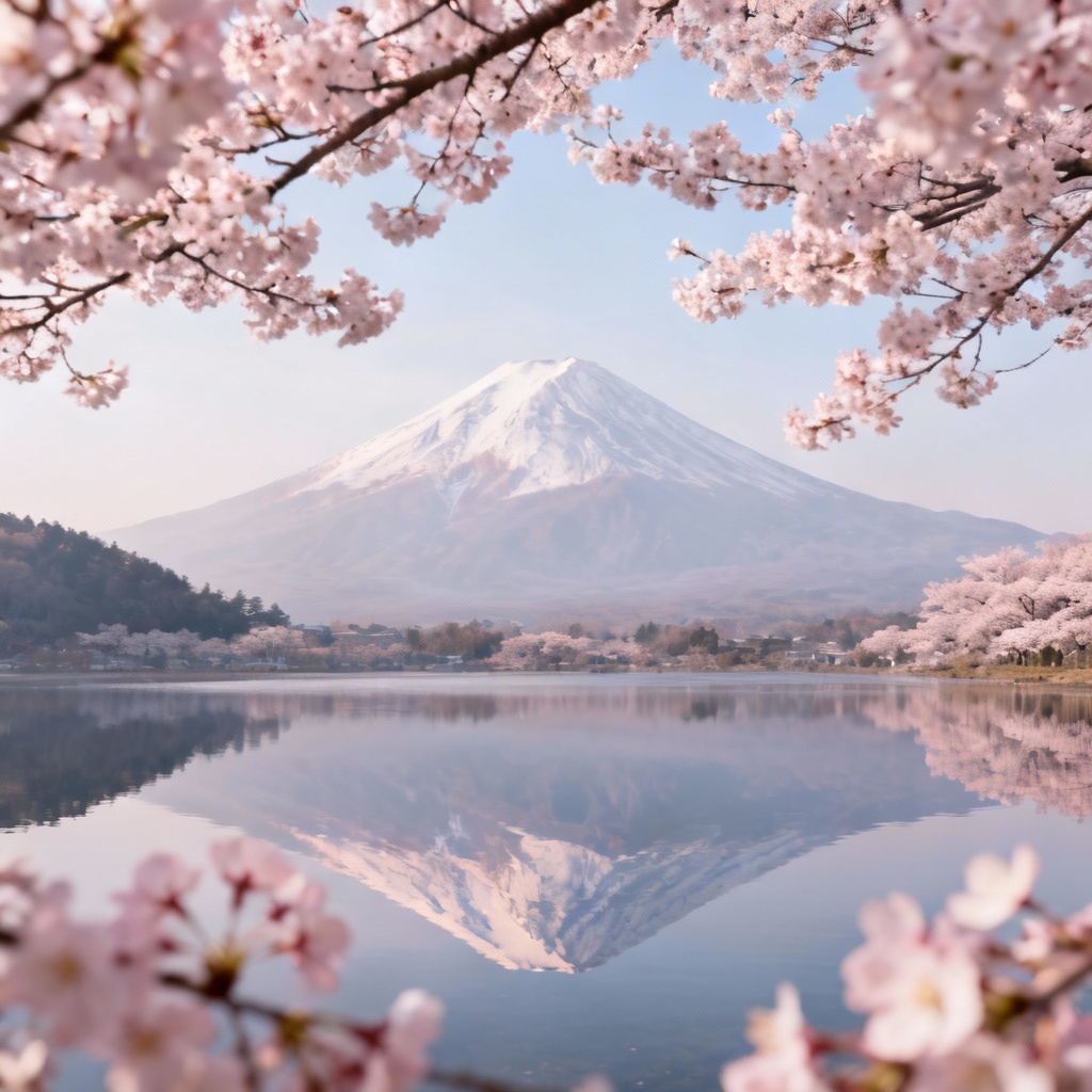 AI Mount Fuji background with cherry blossoms and lake reflections