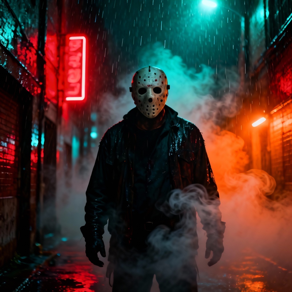 AI killer generator creates a masked slasher in a foggy alley