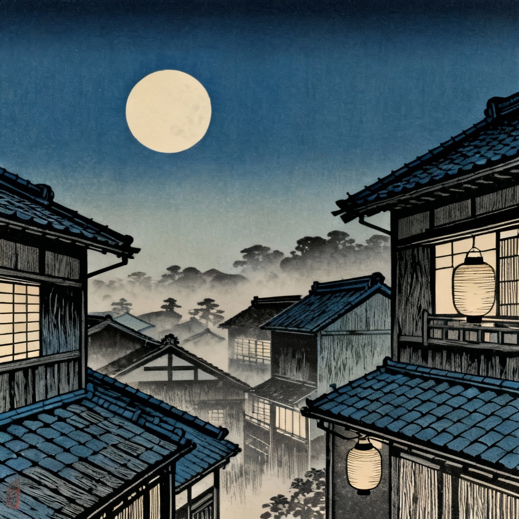 AI ukiyo-e city skyline at night with moon and rooftops