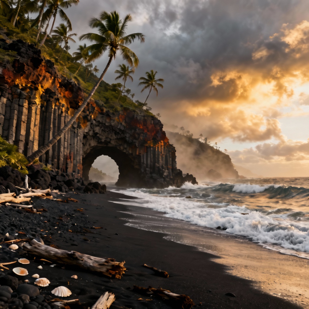 AI volcanic tropical beach with black sand and basalt cliffs