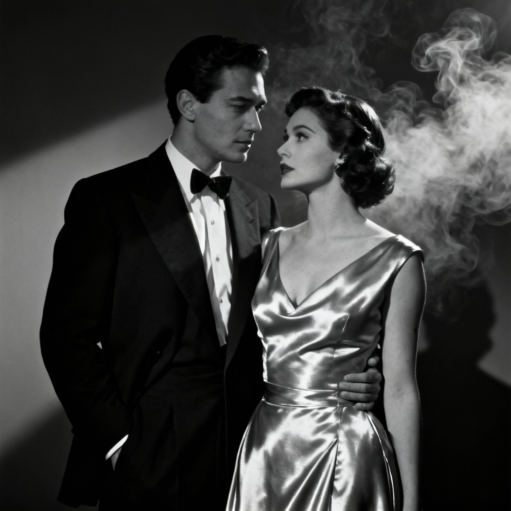 AI vintage film noir elegant couple portrait