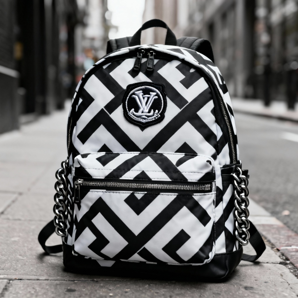 AI streetwear backpack with bold graphic pattern