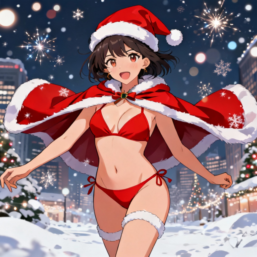 Anime AI Santa bikini heroine in snowy city, SFW