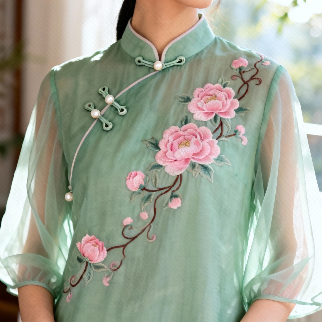 Women’s pastel Tang blouse with peony embroidery and pearl frog buttons