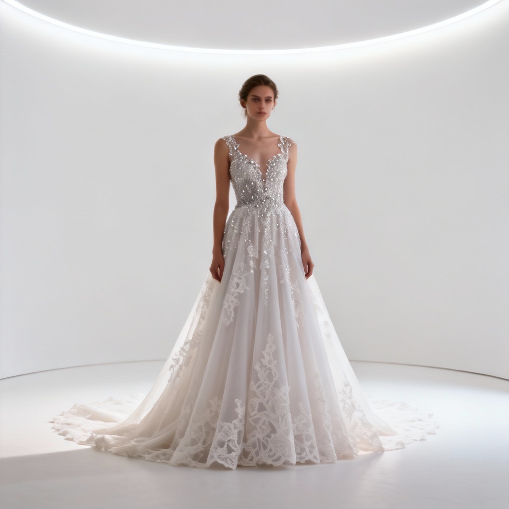 AI Ethereal Lace A-line Wedding Gown with Cathedral Train