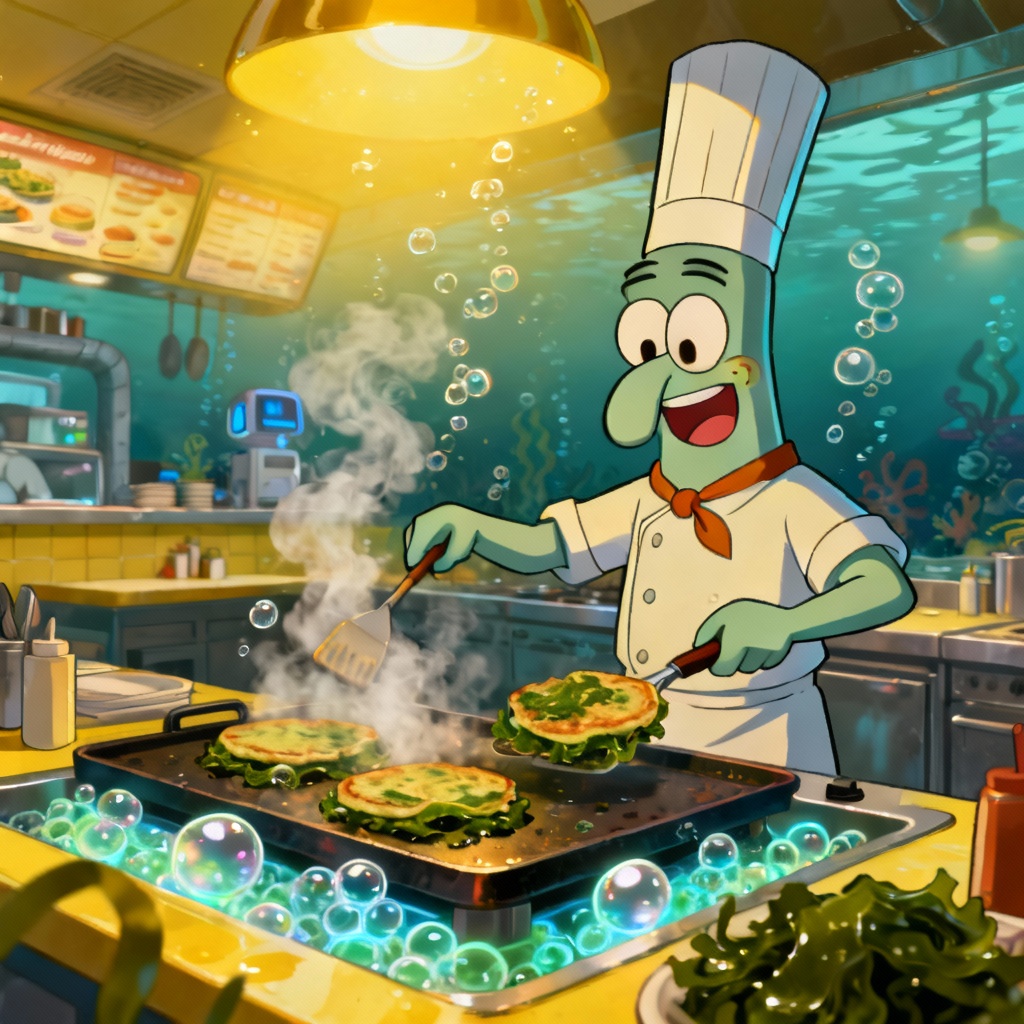 AI Bikini Bottom citizen chef flipping kelp pancakes