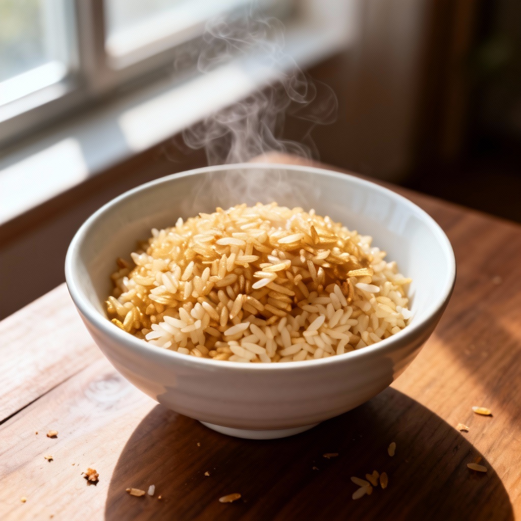 AI image of steaming jasmine rice in a ceramic bowl, top-down view