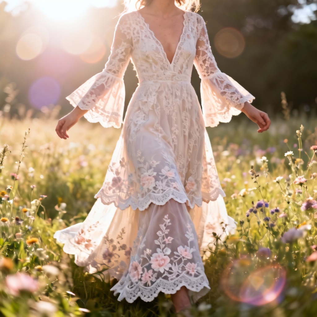 AI boho lace wedding dress outdoors