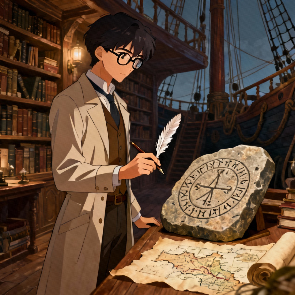 Scholar archaeologist reading ancient poneglyph-like stone