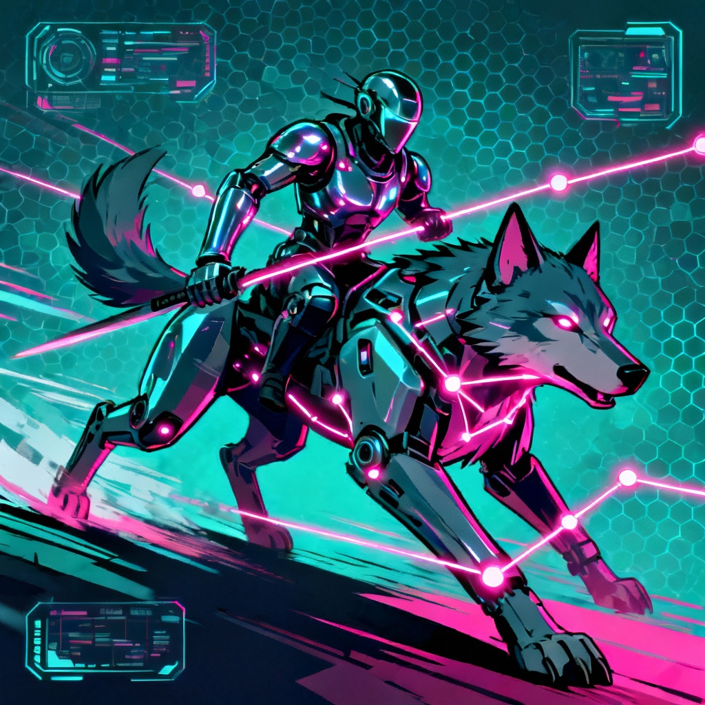 Neon cyber duelist linking with a mech wolf