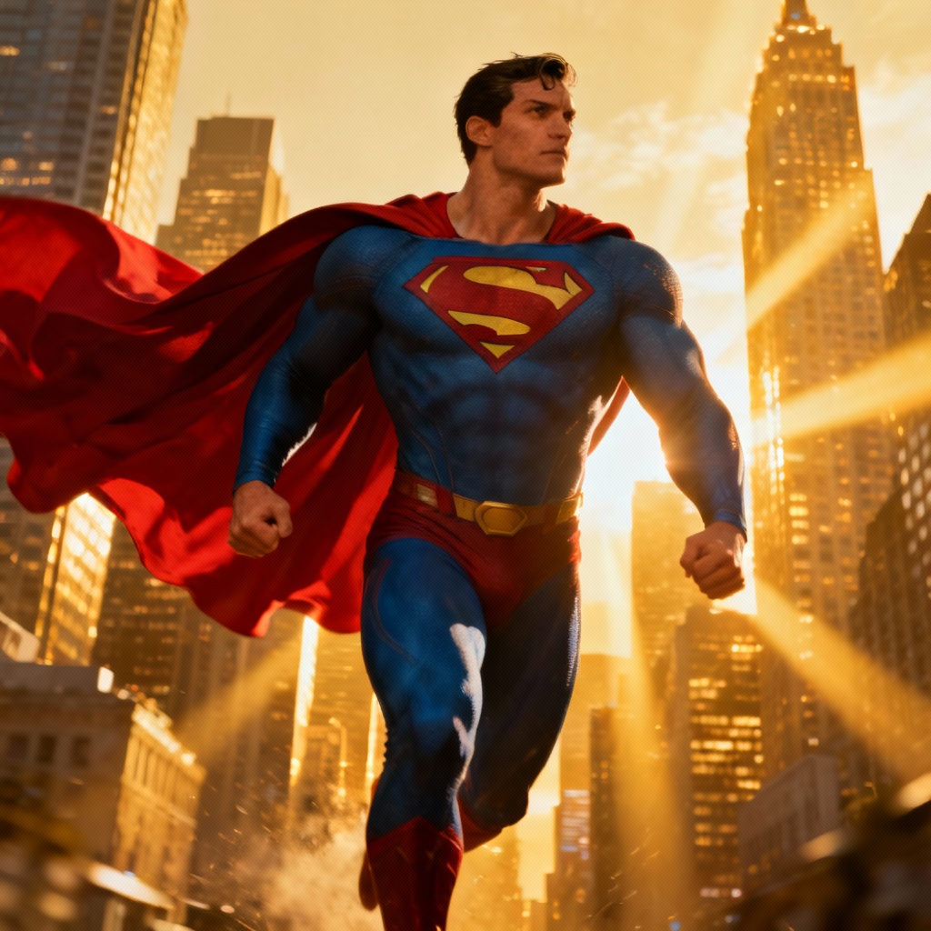 AI Superman-style hero flying over city at sunset