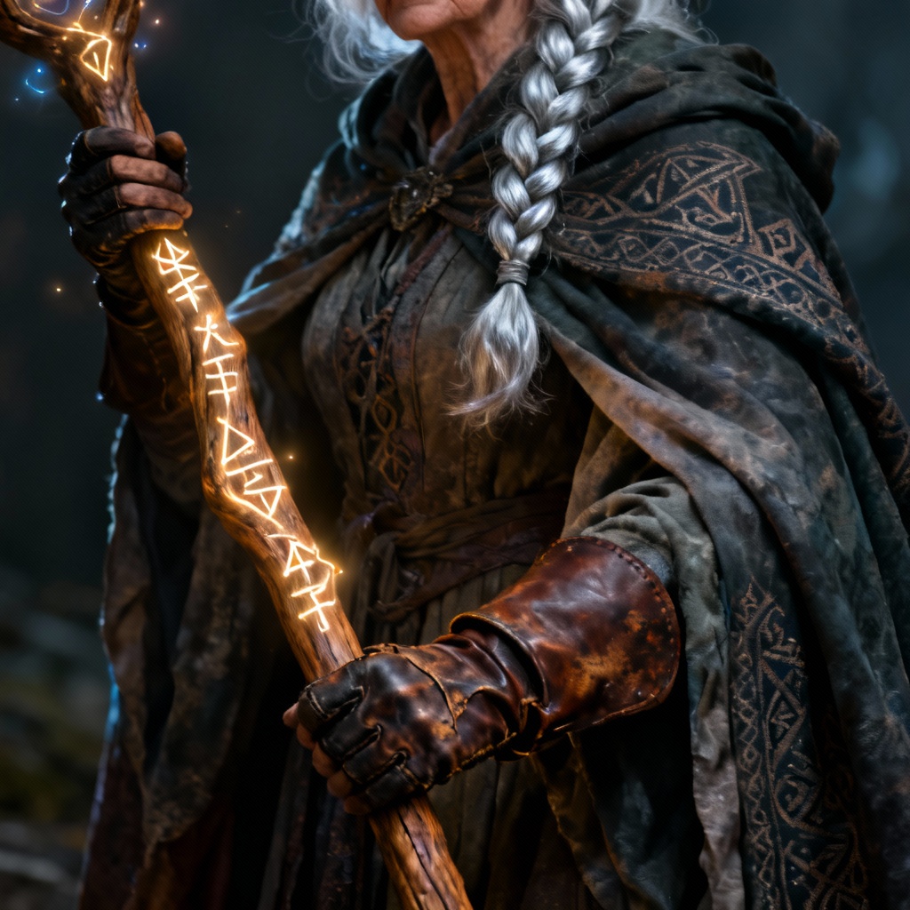 Fantasy mage elder woman with staff and glowing runes