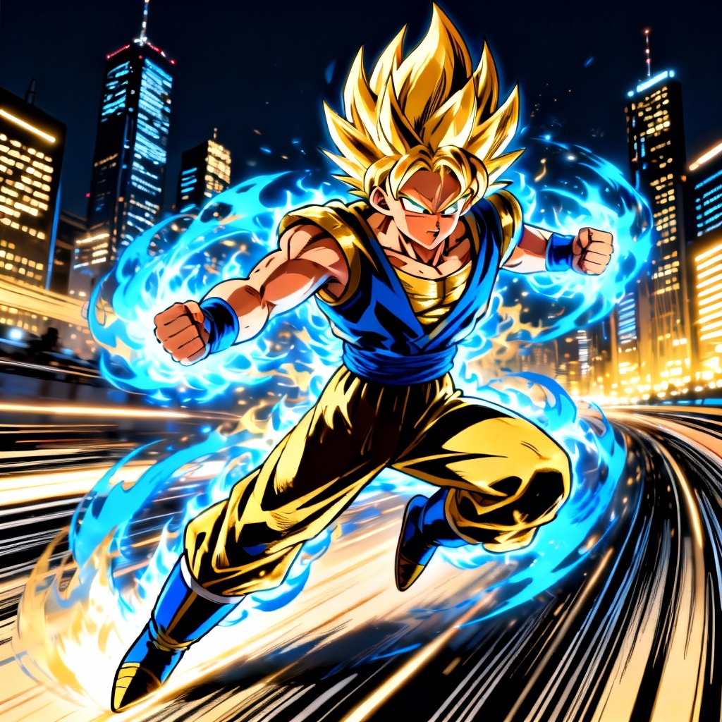AI Dragon Ball style hero powering up with glowing ki aura