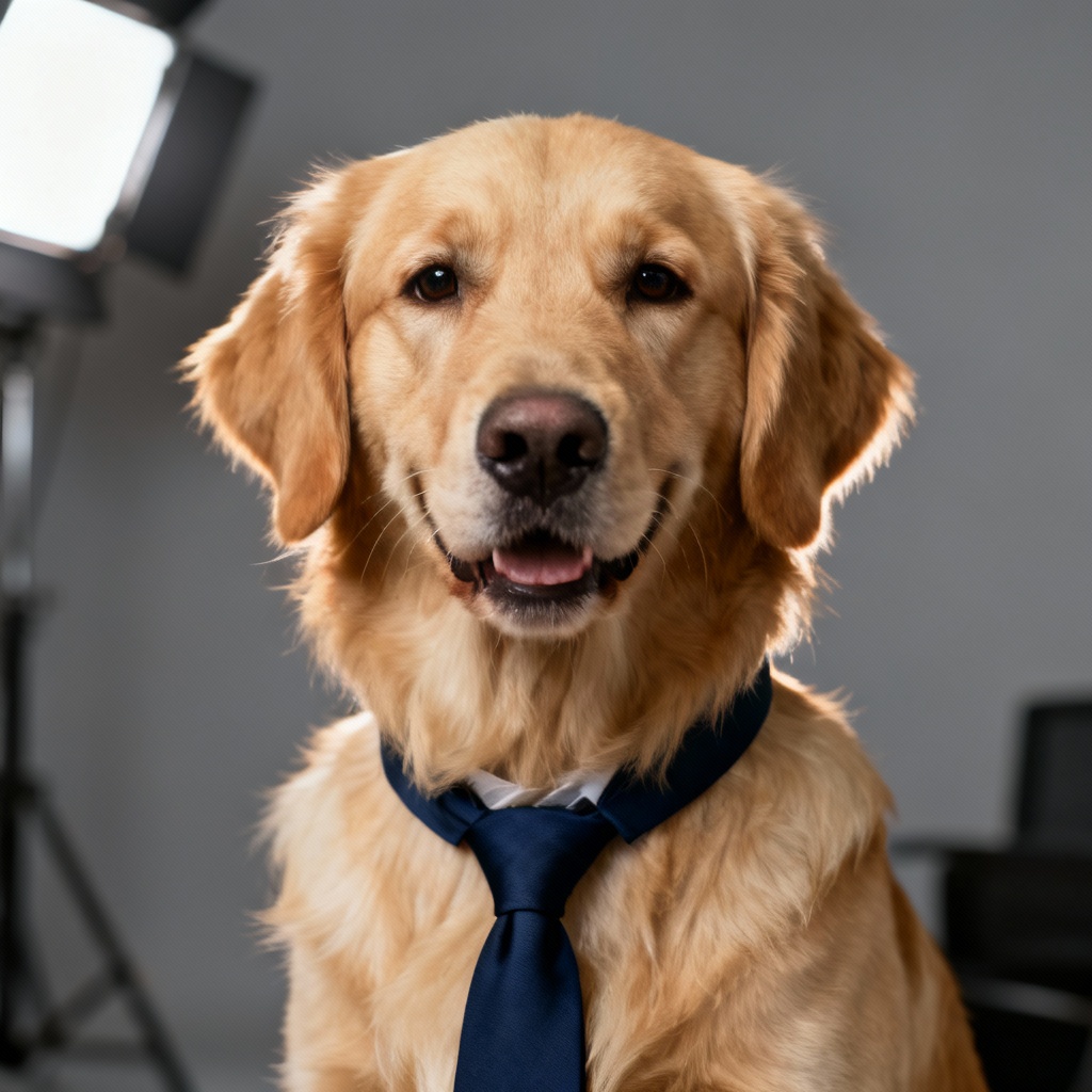AI pet interview headshot of a golden retriever in a tie