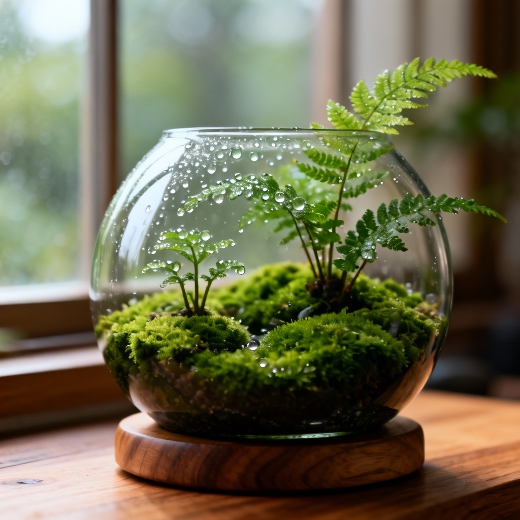 AI moss terrarium with ferns and soft lighting