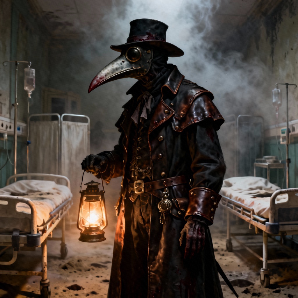 AI zombie plague doctor with beaked mask in a foggy ward