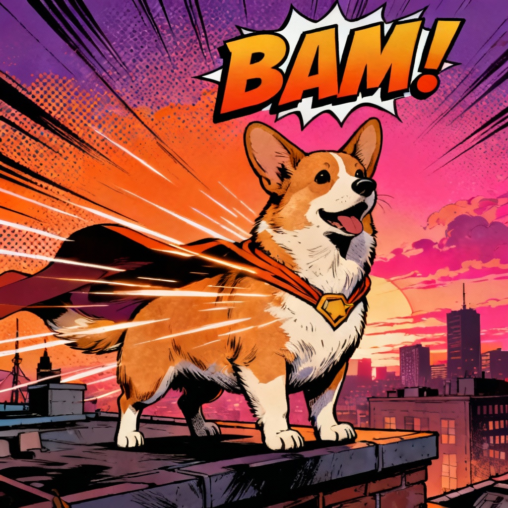 AI corgi comic hero halftone cover art
