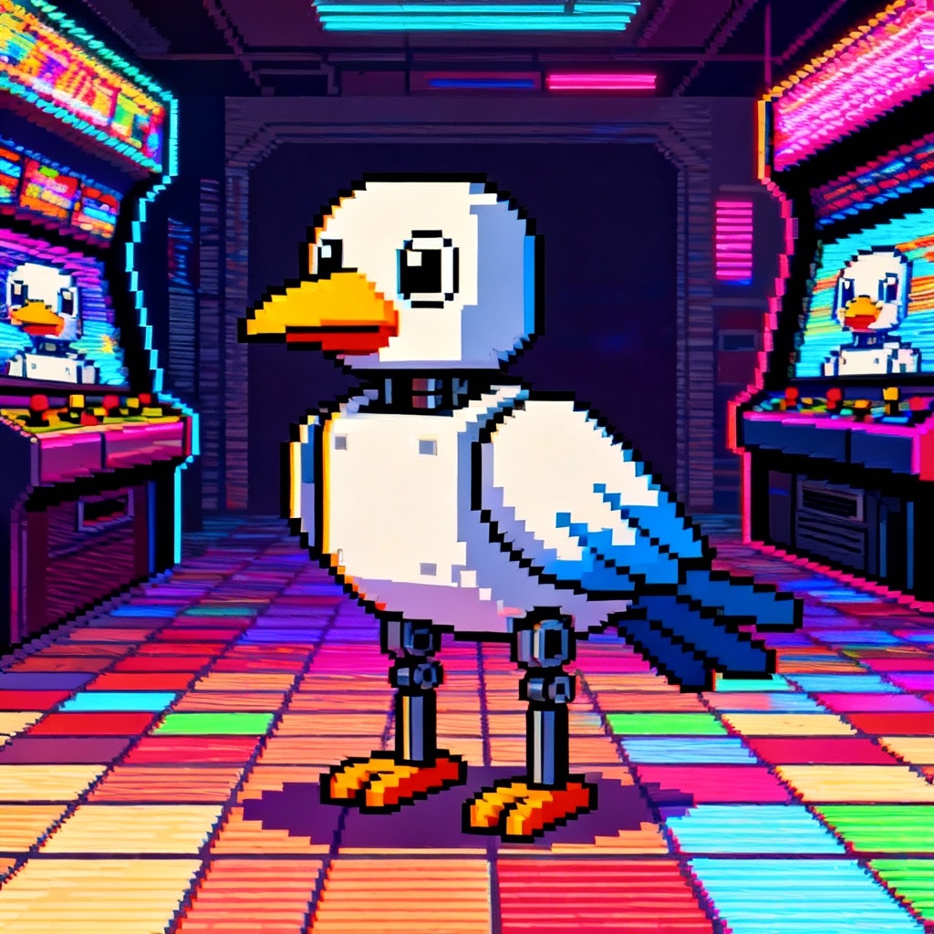 AI Toy Chica pixel art arcade scene