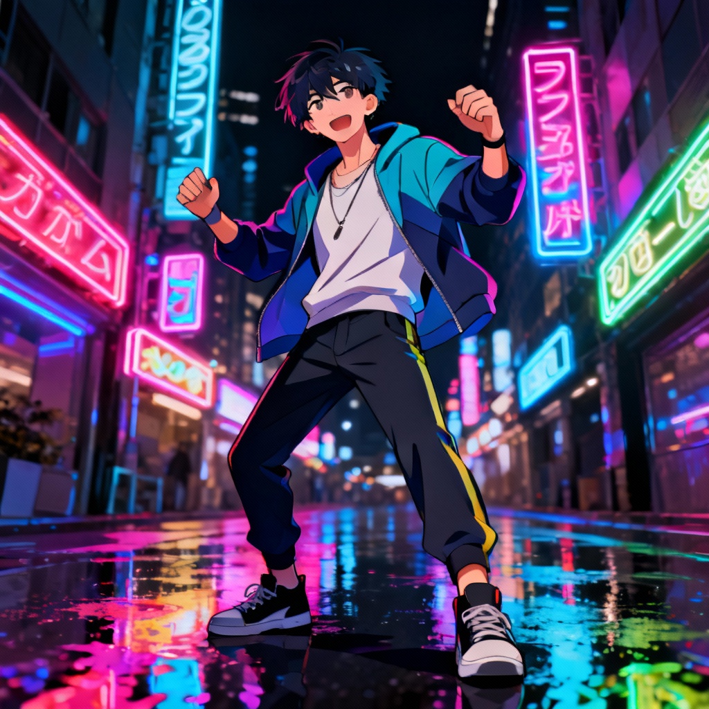 Streetwear anime hero with neon city backdrop