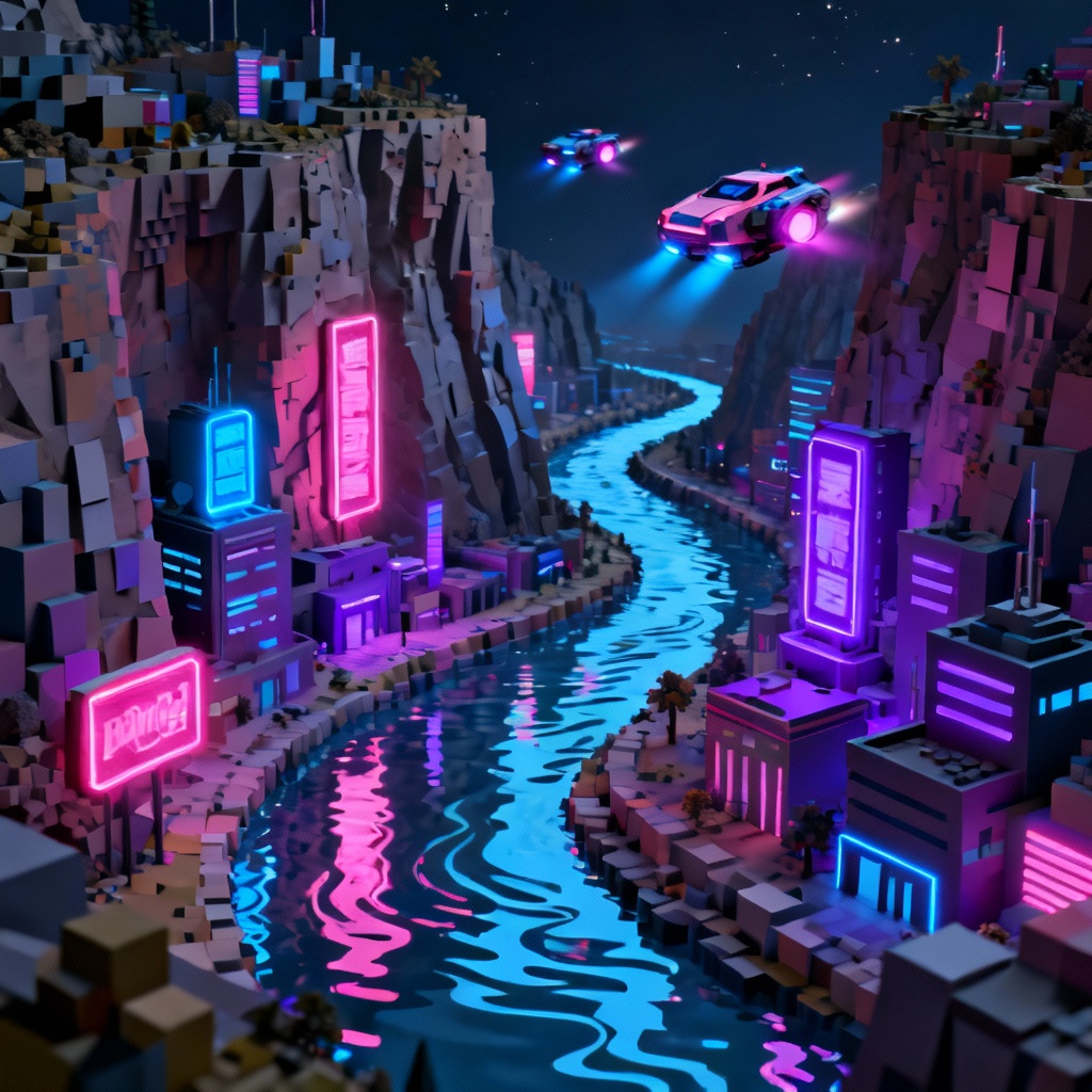 AI neon cyberpunk canyon city landscape