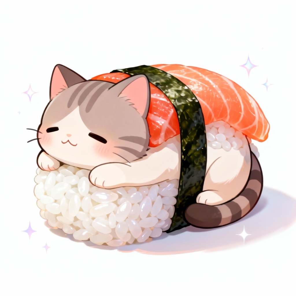 Kawaii sushi cat as salmon nigiri on bamboo board