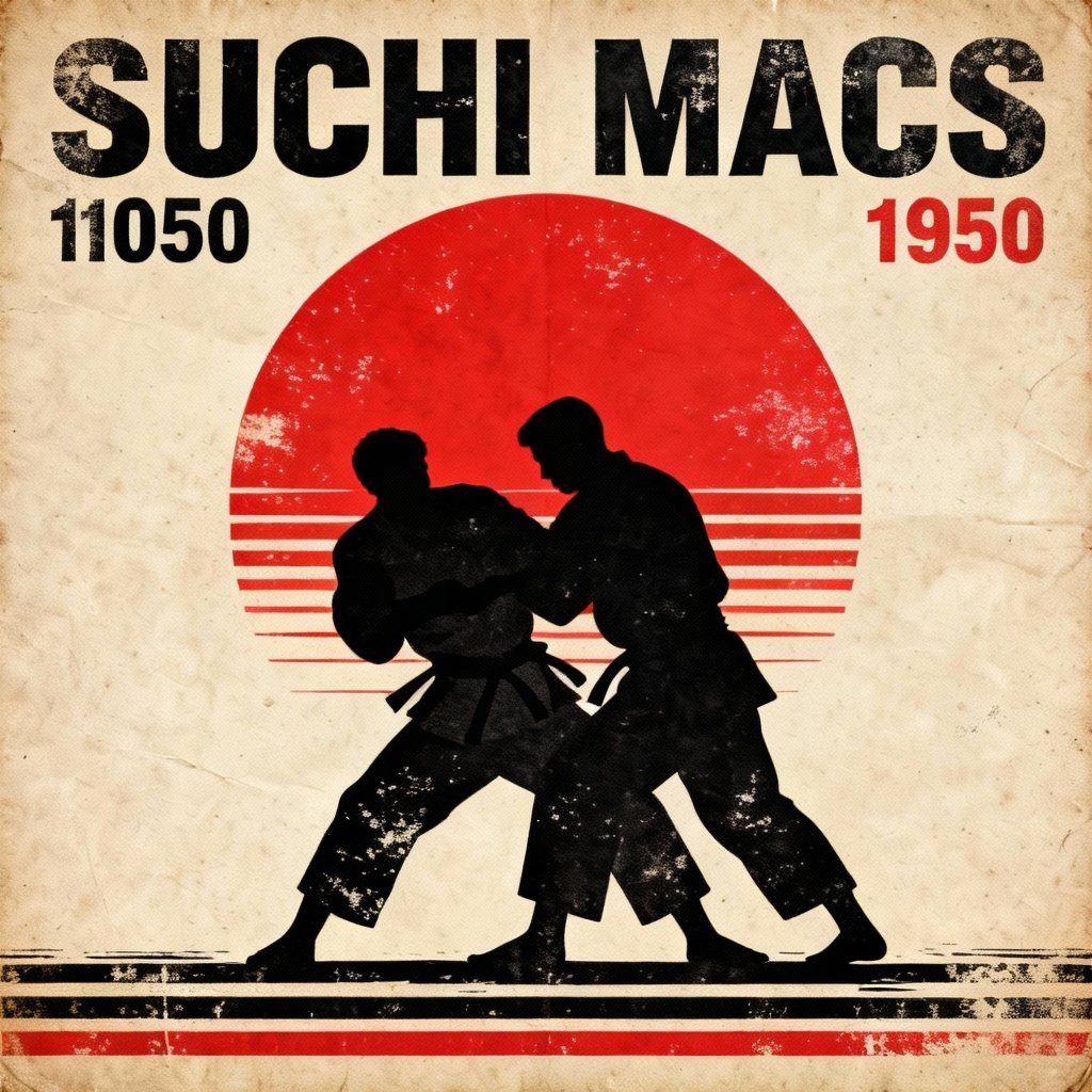 Retro judo poster with bold typography and red sun