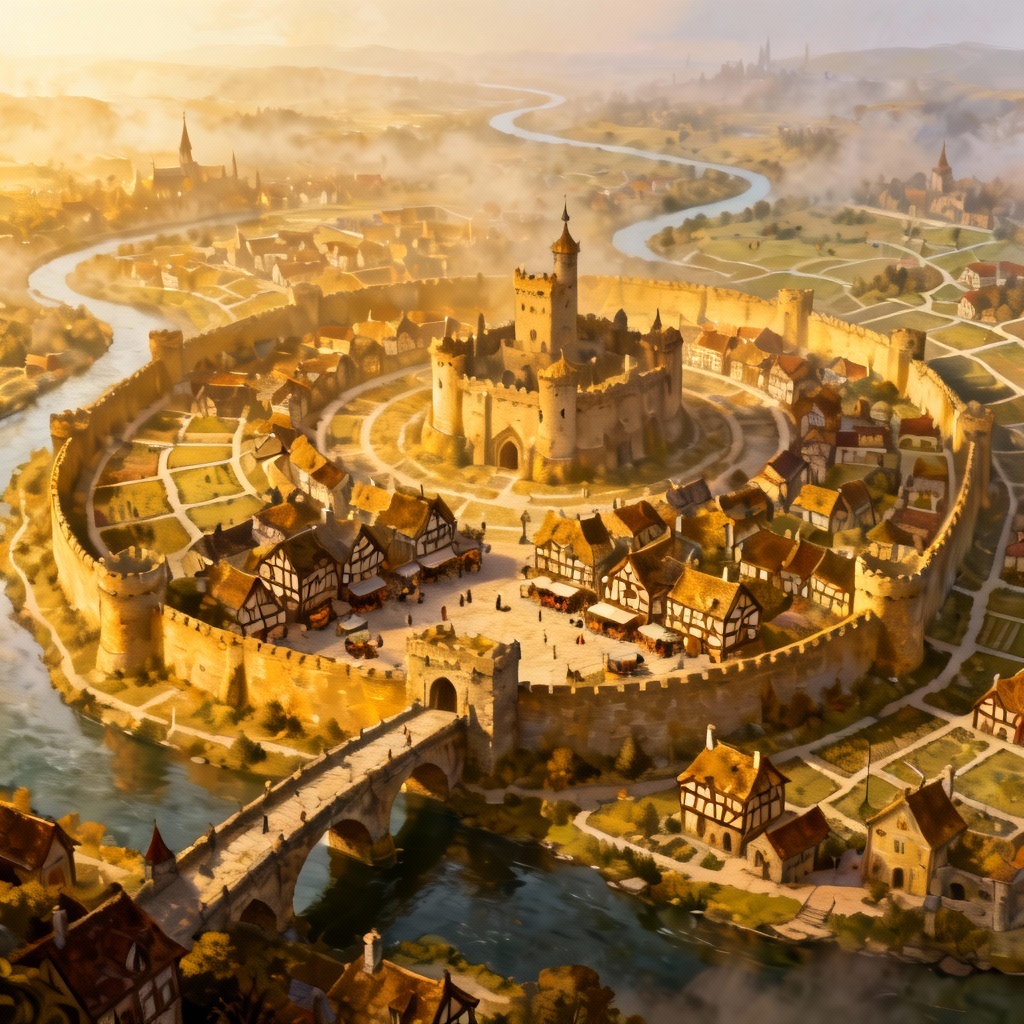 AI medieval fantasy city with walls and river