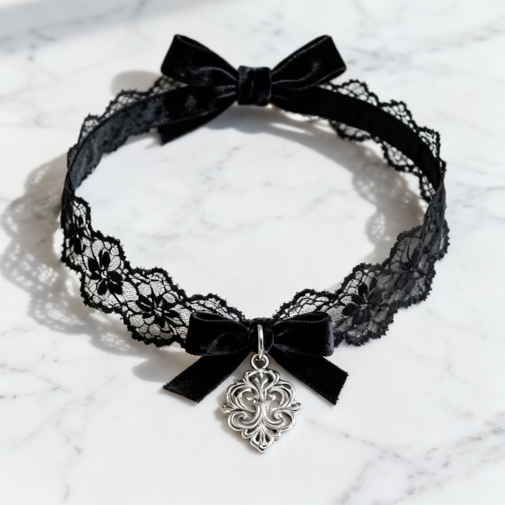 Flatlay of black lace choker on marble