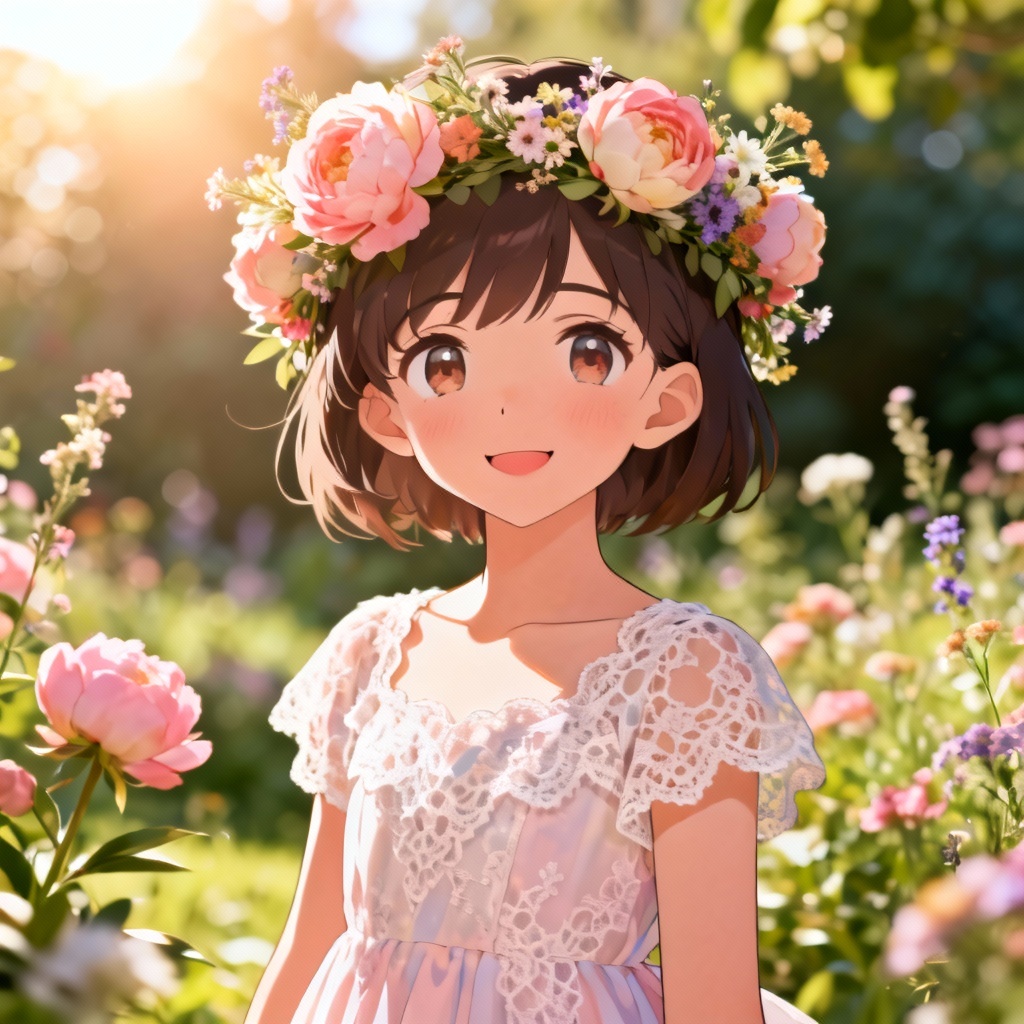 Anime flower girl with pastel peony crown in a sunlit garden