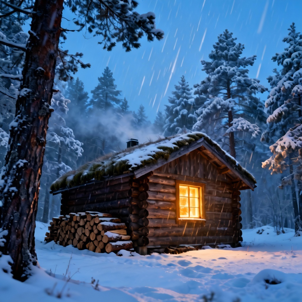 AI Nordic log cabin with turf roof in snowy forest