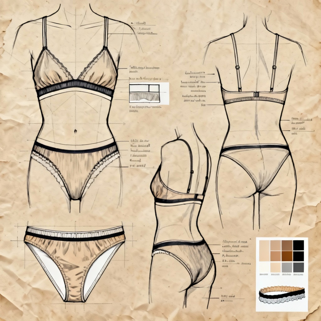 AI technical fashion sketches of micro bikini designs