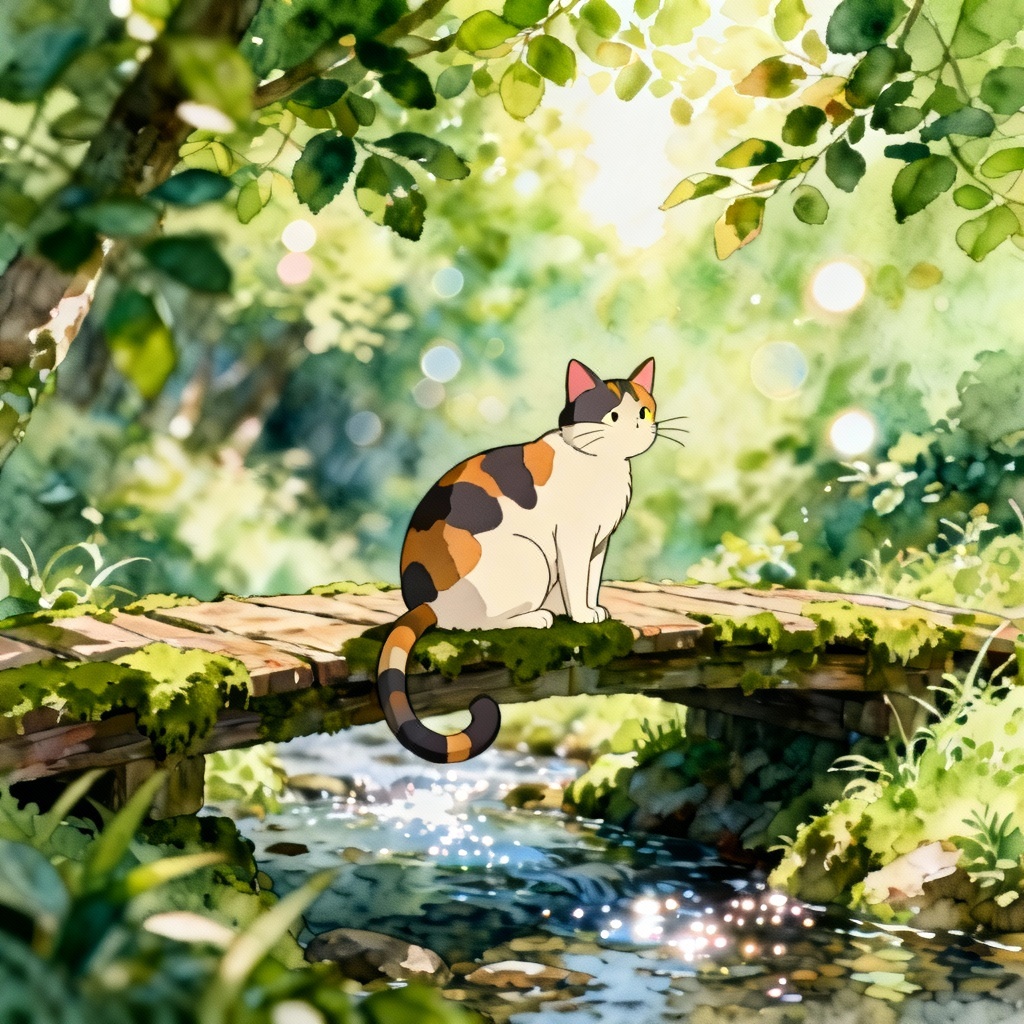 Whimsical cat on a mossy bridge in Ghibli look