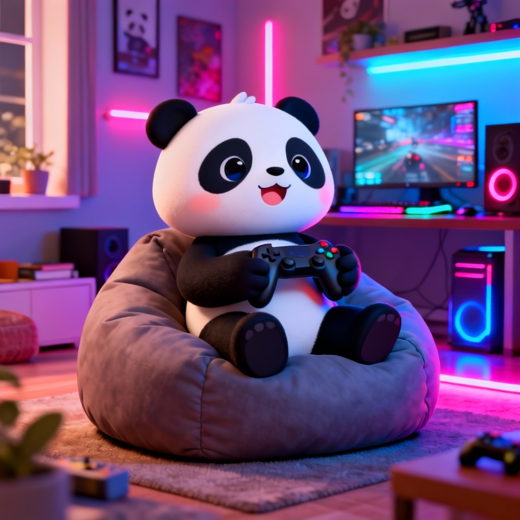 AI panda bear gamer with controller in neon room