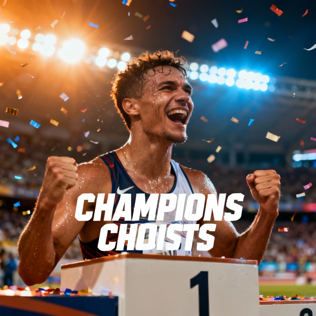 AI athlete celebrating victory with dominant energy