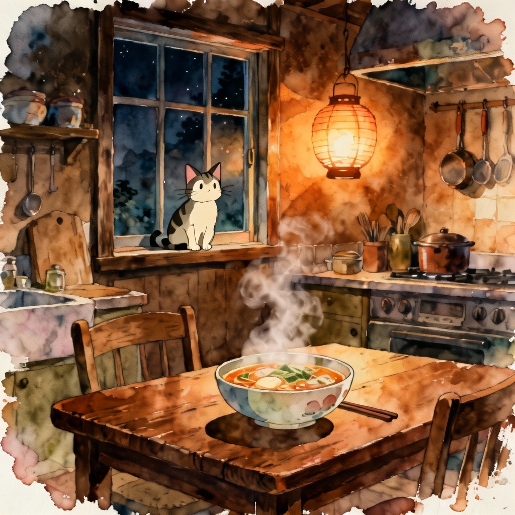 AI Ghibli-style warm night kitchen with soup and cat