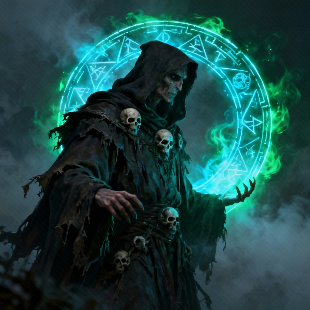 Dark fantasy necromancer character figure with glowing runes