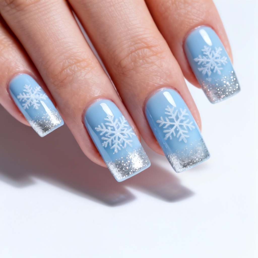 AI winter snowflake glitter blue square nails